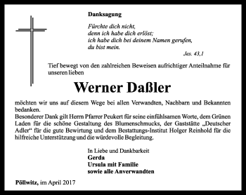 Traueranzeige von Werner Daßler von Ostthüringer Zeitung