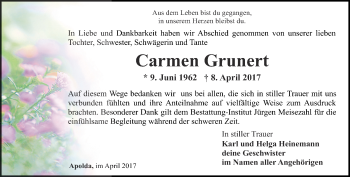 Traueranzeige von Carmen Grunert von Thüringer Allgemeine, Thüringische Landeszeitung
