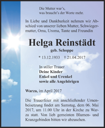 Traueranzeige von Helga Reinstädt von Ostthüringer Zeitung, Thüringische Landeszeitung