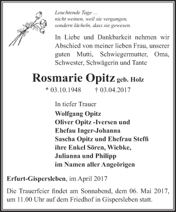 Traueranzeige von Rosmarie Opitz von Thüringer Allgemeine, Thüringische Landeszeitung