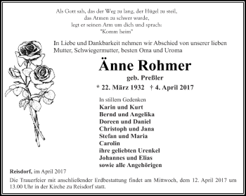 Traueranzeige von Änne Rohmer von Thüringer Allgemeine, Thüringische Landeszeitung