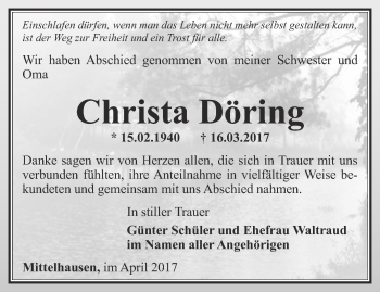 Traueranzeige von Christa  Döring von Thüringer Allgemeine, Thüringische Landeszeitung