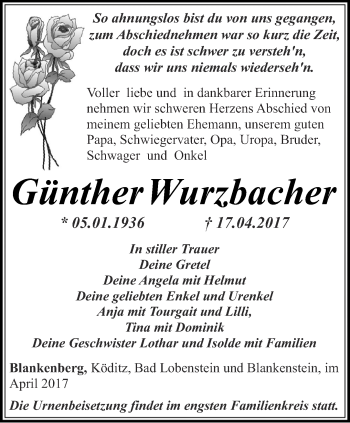 Traueranzeige von Günther Wurzbacher von Ostthüringer Zeitung