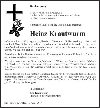 Traueranzeige von Heinz Krautwurm von Ostthüringer Zeitung, Thüringische Landeszeitung