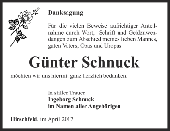 Traueranzeige von Günter Schnuck von Ostthüringer Zeitung