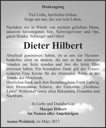 Traueranzeige von Dieter Hilbert von Ostthüringer Zeitung