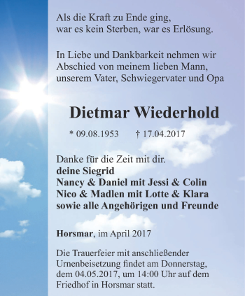 Traueranzeige von Dietmar Wiederhold von Thüringer Allgemeine, Thüringische Landeszeitung