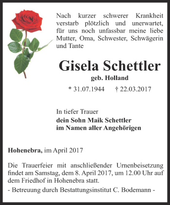 Traueranzeige von Gisela Schettler von Thüringer Allgemeine