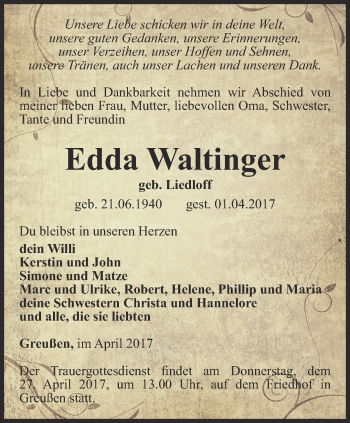 Traueranzeige von Edda Walfinger von Thüringer Allgemeine