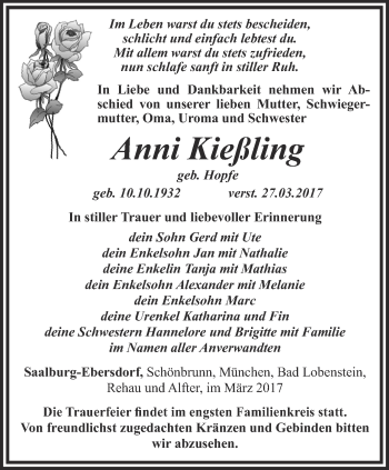 Traueranzeige von Anni Kießling von Ostthüringer Zeitung