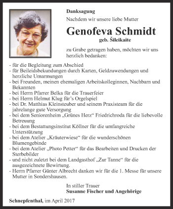 Traueranzeige von Genofeva Schmidt von Ostthüringer Zeitung, Thüringische Landeszeitung
