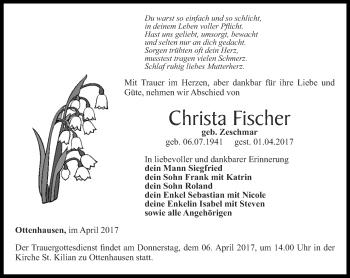 Traueranzeige von Christa Fischer von Thüringer Allgemeine