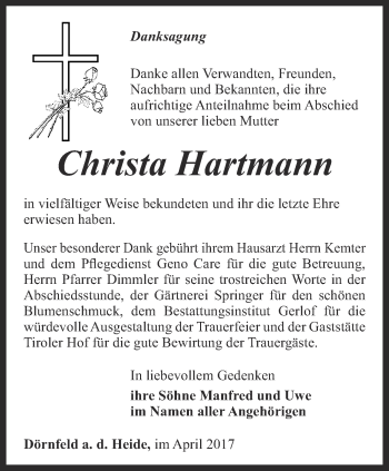 Traueranzeige von Christa Hartmann von Ostthüringer Zeitung