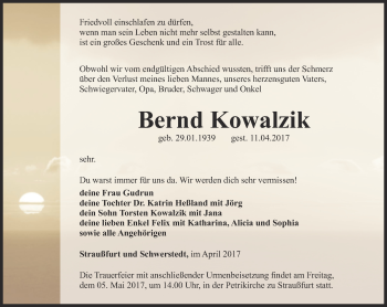 Traueranzeige von Bernd Kowalzik von Thüringer Allgemeine