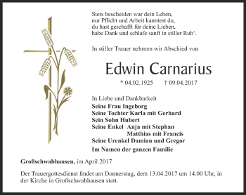 Traueranzeige von Edwin Carnarius von Thüringer Allgemeine, Thüringische Landeszeitung