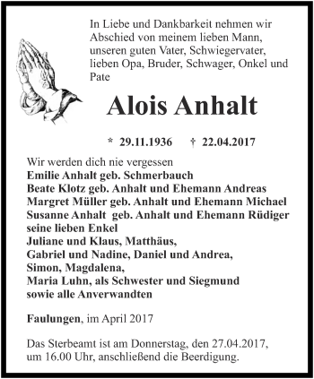 Traueranzeige von Alois Anhalt von Thüringer Allgemeine, Thüringische Landeszeitung