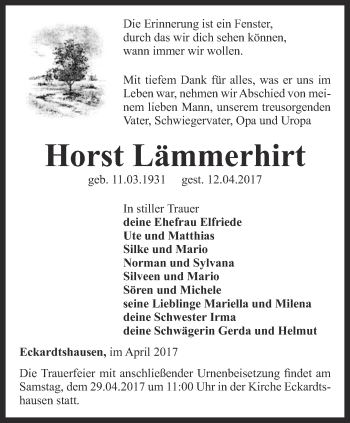 Traueranzeige von Horst Lämmerhirt von Thüringer Allgemeine, Thüringische Landeszeitung