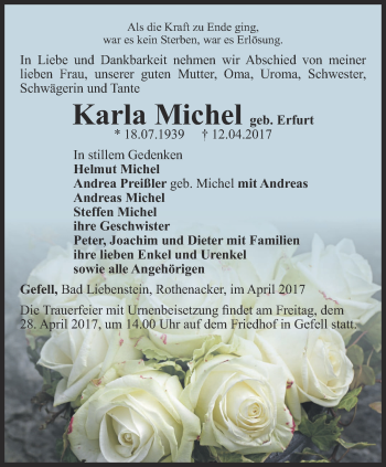 Traueranzeige von Karla Michel von Ostthüringer Zeitung