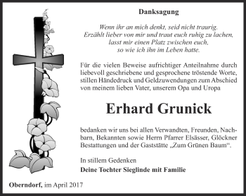 Traueranzeige von Erhard Grunick von Ostthüringer Zeitung