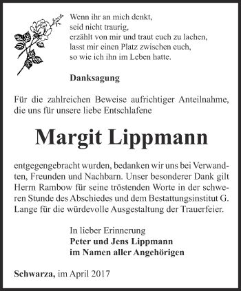 Traueranzeige von Margit Lippmann von Ostthüringer Zeitung