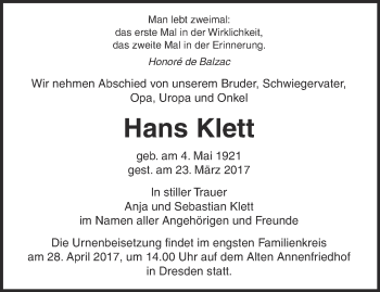 Traueranzeige von Hans Klett von Ostthüringer Zeitung