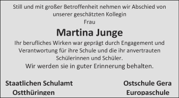 Traueranzeige von Martina Junge von Ostthüringer Zeitung, Thüringische Landeszeitung