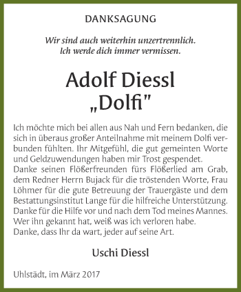 Traueranzeige von Adolf Diessl von Ostthüringer Zeitung