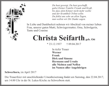 Traueranzeige von Christa Seifarth von Thüringer Allgemeine, Thüringische Landeszeitung