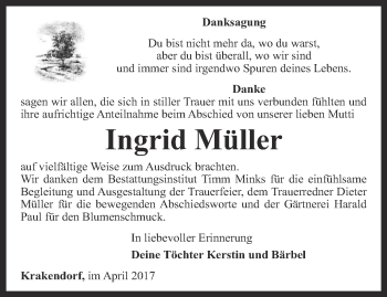 Traueranzeige von Ingrid Müller von Thüringer Allgemeine, Thüringische Landeszeitung