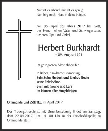 Traueranzeige von Herbert Burkhardt von Ostthüringer Zeitung, Thüringische Landeszeitung
