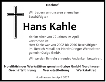 Traueranzeige von Hans Kahle von Thüringer Allgemeine