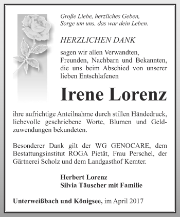 Traueranzeige von Irene Lorenz von Ostthüringer Zeitung