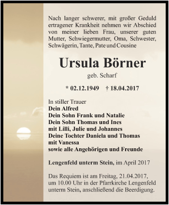 Traueranzeige von Ursula Börner von Thüringer Allgemeine, Thüringische Landeszeitung