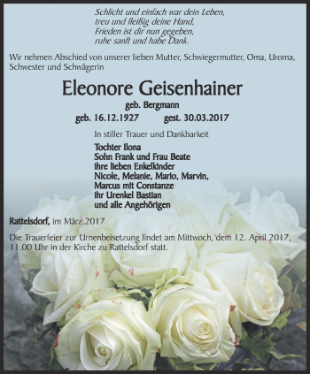 Traueranzeige von Eleonore Geisenhainer von Ostthüringer Zeitung