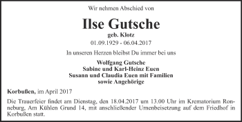 Traueranzeige von Ilse Gutsche von Ostthüringer Zeitung