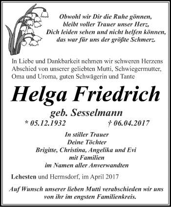 Traueranzeige von Helga Friedrich von Ostthüringer Zeitung