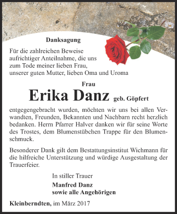 Traueranzeige von Erika Danz von Thüringer Allgemeine