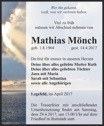 Traueranzeige von Mathias Mönch von Thüringer Allgemeine, Thüringische Landeszeitung