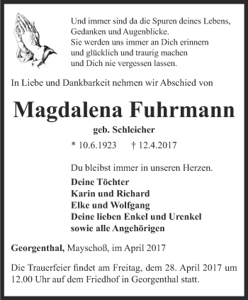 Traueranzeige von Magdalena Fuhrmann von Ostthüringer Zeitung, Thüringische Landeszeitung