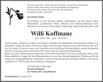 Traueranzeige von Willi Koffmane von Thüringer Allgemeine