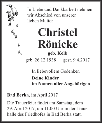 Traueranzeige von Christel Rönicke von Thüringer Allgemeine, Thüringische Landeszeitung