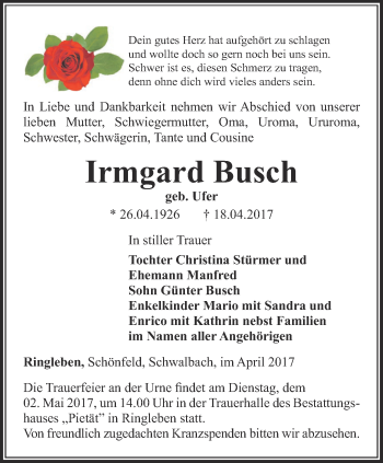 Traueranzeige von Irmgard Busch von Thüringer Allgemeine