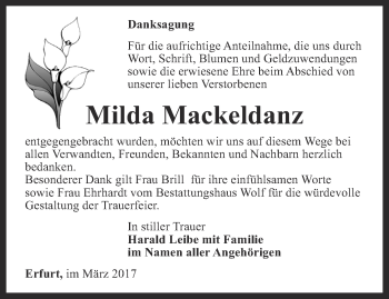 Traueranzeige von Milda Mackeldanz von Thüringer Allgemeine, Thüringische Landeszeitung