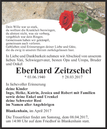 Traueranzeige von Eberhard Zeitzschel von Thüringer Allgemeine, Thüringische Landeszeitung