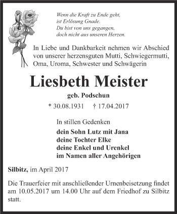 Traueranzeige von Liesbeth Meister von Ostthüringer Zeitung