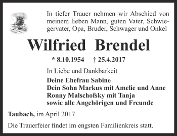 Traueranzeige von Wilfried Brendel von Thüringer Allgemeine, Thüringische Landeszeitung