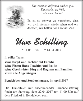 Traueranzeige von Uwe Schilling von Thüringer Allgemeine