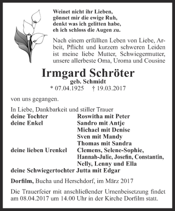 Traueranzeige von Irmgard Schröter von Ostthüringer Zeitung