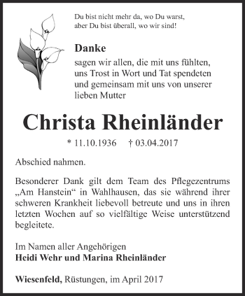 Traueranzeige von Christa Rheinländer von Thüringer Allgemeine