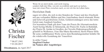 Traueranzeige von Christa Fischer von Thüringer Allgemeine
